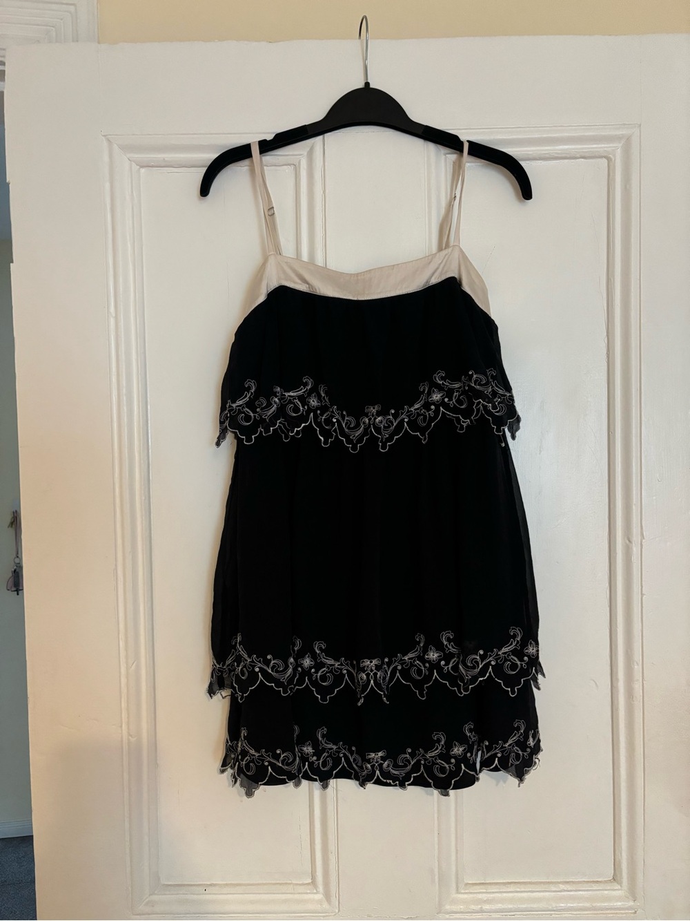 Marciano Black Mini Dress with Cream Accents and Scalloped Embroidery